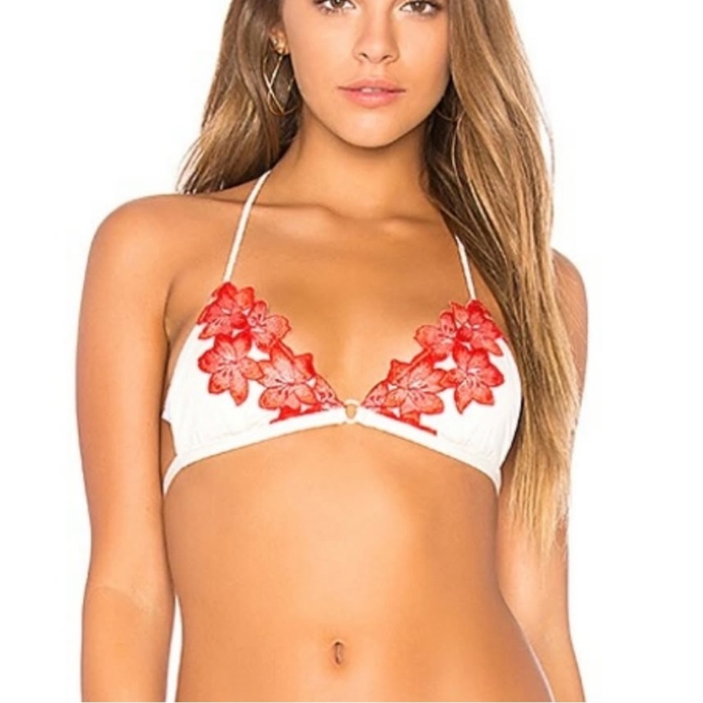 H&M NWT Red Flower Appliqué White Bikini Top Size 6